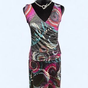 Isle Apparel abstract wrap dress pink black blue ruched sleeveless size S Y2K